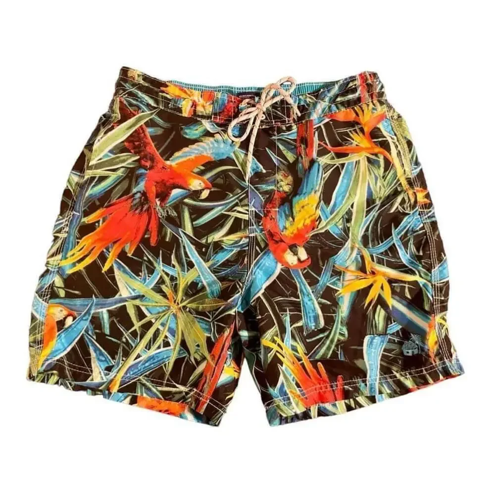 Size M Men's Caribbean Joe Swim Trunks Board Shorts Black Tropical Print Birds